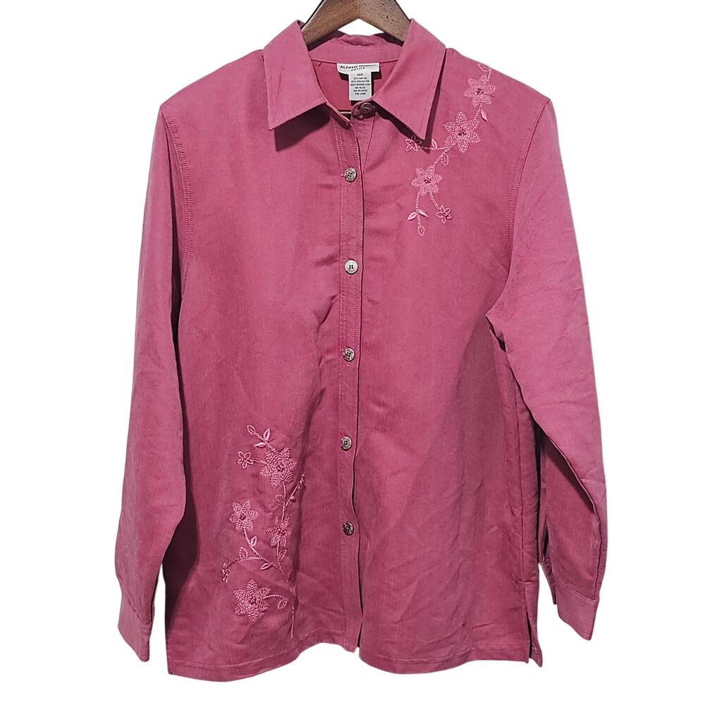 Alfred Dunner Long Sleeve Button Up Embroidered Mauve Size 16P Grannycore